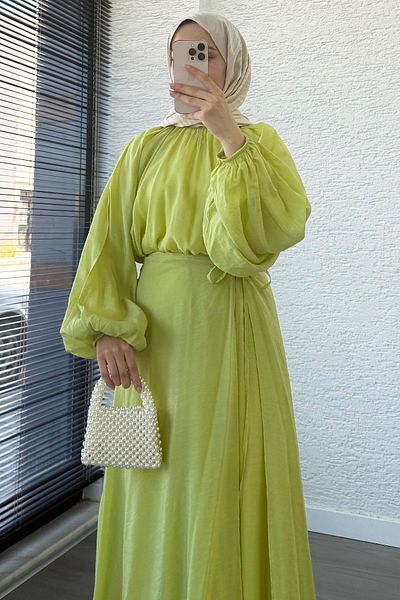 MELEK ARAZ Vuala Tie Blouse Skirt Set-Green