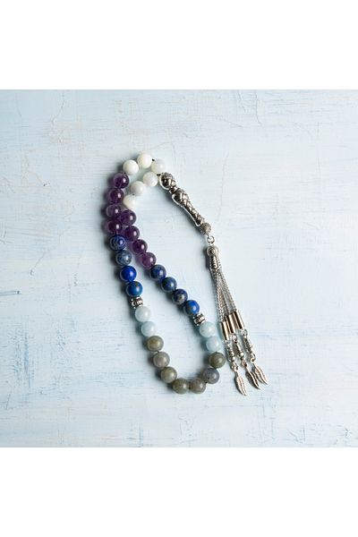 Deniz Doğal Taş Labradorit natural certificat, acvamarin, lapis, ametist și piatră de sidef 8 mm 33 mărgele de rugăciune pentru semnul zodiacal