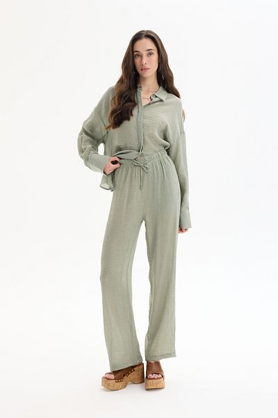 Quzu Elastic Waist Textured Trousers Khaki