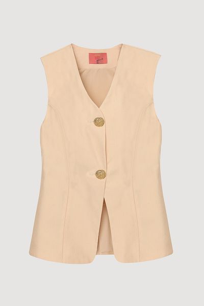 Quzu Double Button V-Neck Vest Jacket Beige