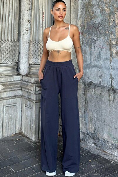 NEW LAVİVA Talie elastică afumată, buzunare, picioare largi, pantaloni largi