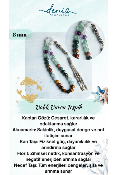 Deniz Doğal Taş Sertifikalı Doğal Kaplan Gözü, Akuamarin, Kan Taşı, Florit ve Necef Taşı 8 mm Balık Burcu Tesbih
