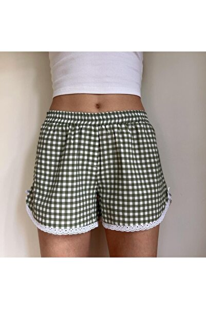 Moide Dantel Detaylı Keten Pötikareli Yeşil Şort