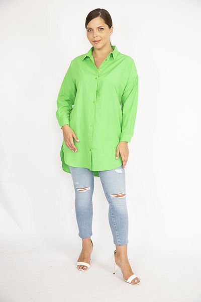Şans Women's Large Size Green Front Buttoned Long Sleeve Shirt 65N37038