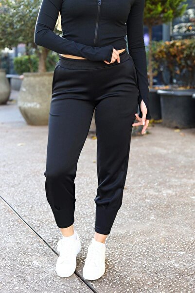 NEW LAVİVA Kadın Siyah Scuba Kumaş, Rahat Kalıp, Pliseli Dar Paça Eşofman Altı