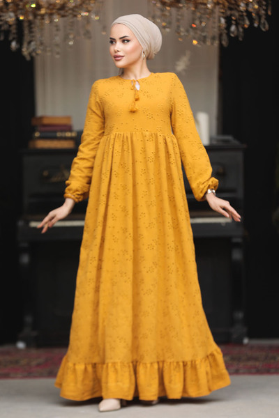 Neva Style Guipure Mustard Hijab Dress 23201HR