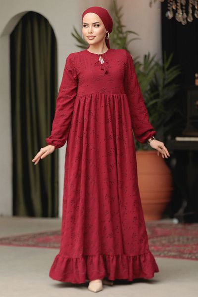 Neva Style فستان حجاب أحمر كلاريت مزين 23201BR