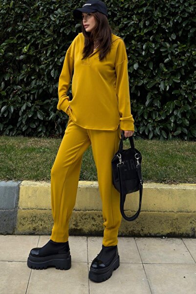 NEW LAVİVA Kadın Hardal Scuba Kumaş, Rahat Kalıp, Pliseli Dar Paça Eşofman Altı