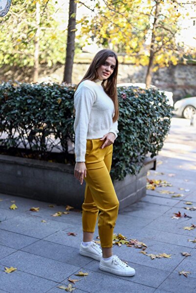 NEW LAVİVA Kadın Hardal Scuba Kumaş, Rahat Kalıp, Pliseli Dar Paça Eşofman Altı