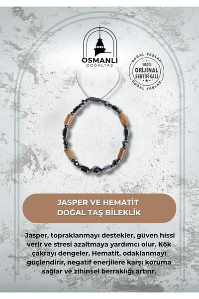 OSMANLI DOĞAL TAŞ Certified Jasper and Hematite Natural Stone Bracelet