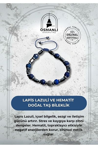 OSMANLI DOĞAL TAŞ Certified Lapis Lazuli and Hematite Natural Stone Bracelet
