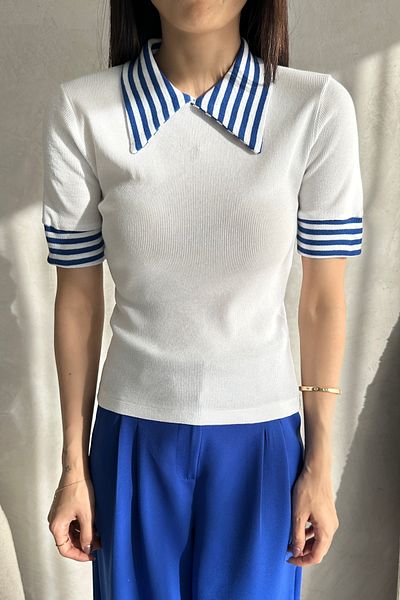Chicup Women's White Sax Polo Neck Ribbed Knitted Blouse