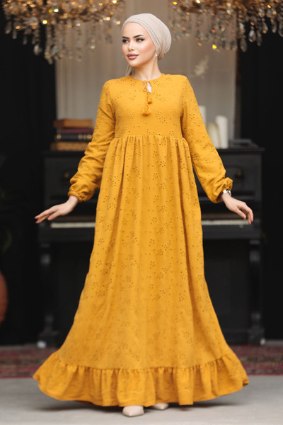 Neva Style Guipure Mustard Hijab Dress 23201HR