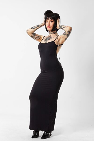 Bak Moda İnce Askılı Sırt Dekolteli Siyah Sandy Uzun Elbise