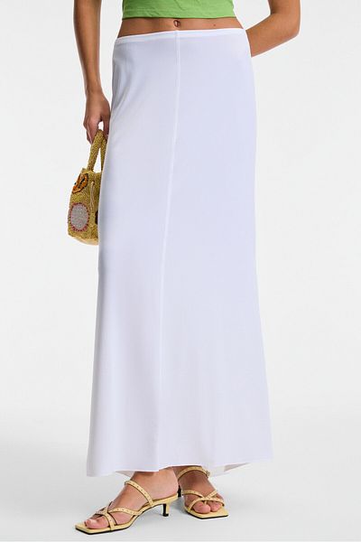 GRIMELANGE Elanova Women's Elastic Waist Front and Back Stitching Maxi Length White Skirt