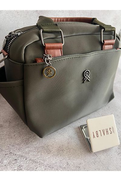 shalby Khaki 3 Compartment Design Bag with Exquisite Details 25X17X11 cm and Makeup Mirror