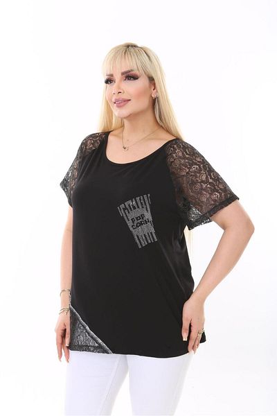 vividbutik Black Blouse with Stones on the Front, Sleeves and Ruffles at the Hem