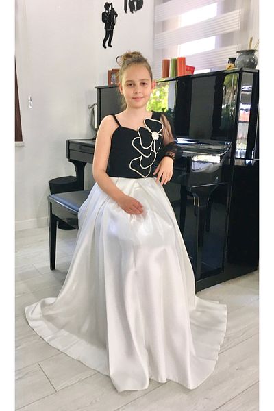 Erkut Black and White Single Tulle Sleeve Girl's Long Evening Dress