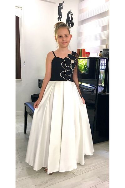 Erkut Black and White Single Tulle Sleeve Girl's Long Evening Dress