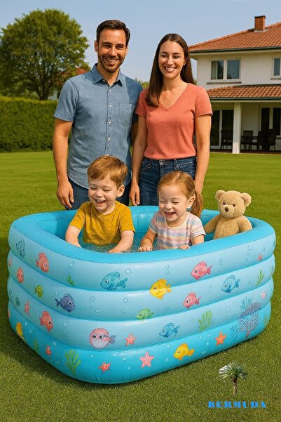 BERMUDA 4 Boğumlu Şişme Çocuk Havuzu – 140x100x70 Cm – Büyük Boy, Tabanı Şişen, Tahliyeli Balkon Havuzu
