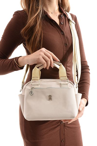 shalby Beige 3 Compartment Design Bag with Exquisite Details 25X17X11 cm and Makeup Mirror