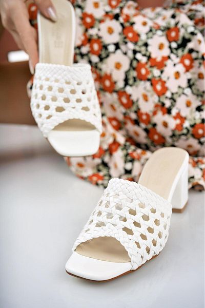 Nesil Shoes Papuci de damă Özma 910 alb tricotat manual cu toc