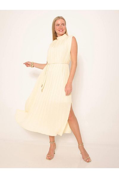 Julidress Stand Collar Sleeveless Lined Girdle Pleated Midi Premium Dress