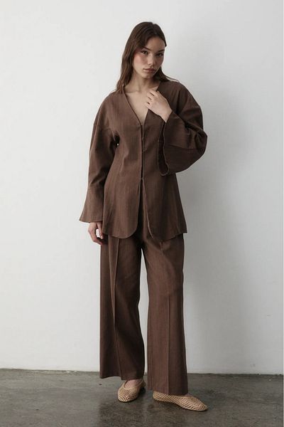 JASTE Women's V-Neck Hidden Button Top & Elastic Pants Linen Suit