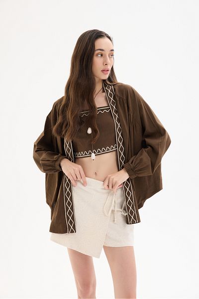Quzu Ethnic Patterned Stripe Embroidered Short Linen Kimono Dark Brown