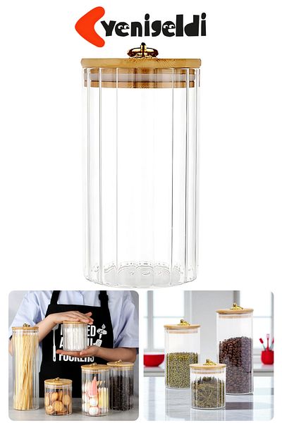 Yenigeldi 1 Piece Medium Size (9X16Cm) Glass Storage Container Bamboo Lid Airtight Metal Ring Jar