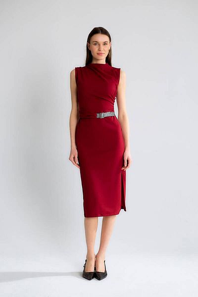 Robin Double Breasted Form Crepe Midi Dress with Stone Belt Detail