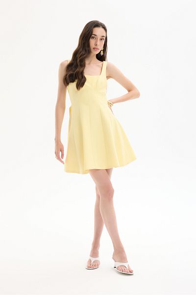Quzu Square Neck Mini Dress with Ribbon Detail on the Back Yellow