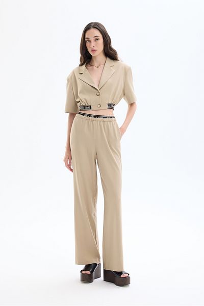 Quzu Elastic Waist, Detailed Writing, Wide Leg Trousers Beige