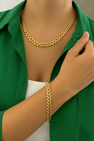 XUPING JEWELRY Stil Incisi/ 14 Ayar Altın Kaplama Yaprak Model Kolye Set