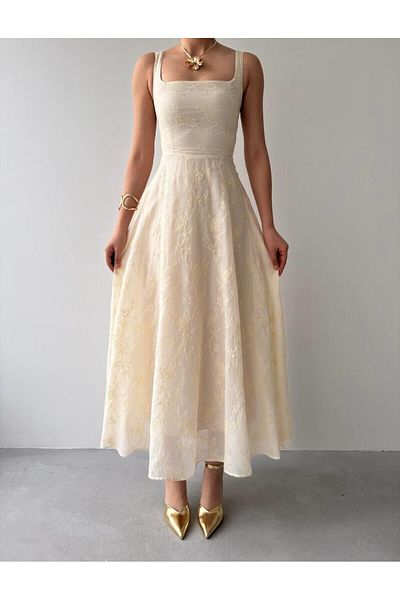 Julidress Μπεζ ανάγλυφο λουλουδάτο μοτίβο με επένδυση με λουράκια Midi μακρύ λινό φόρεμα Premium
