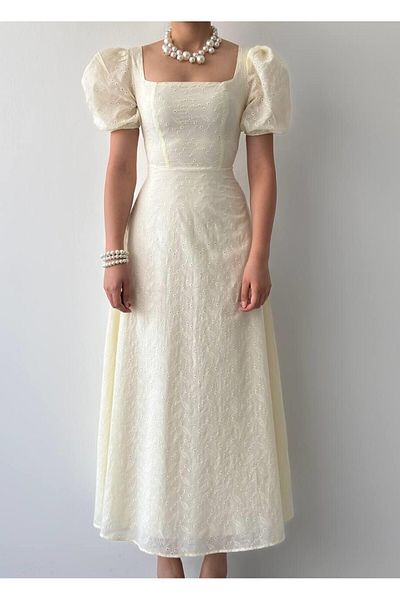Julidress Κρεμ Κεντημένο Φόδρα Μπαλόνι Μανίκι Premium Λινό Φόρεμα