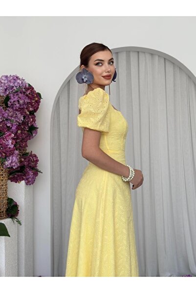 Julidress Φόρεμα Premium Λινό Midi με κίτρινο κέντημα με μανίκια μπαλόνι