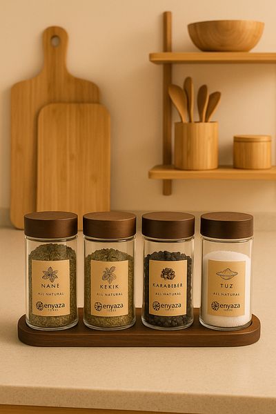 ENYAZA(2024) Set of 4 Acacia Glass Spice Shakers with Lid and Stand - Salt Shaker and Pepper Shaker with Labels Spice Set 120 ml