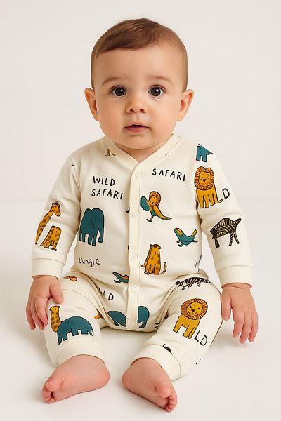 dinamik çocuk Baby Boy Safari Printed Snap Fastener Newborn Baby Romper 100% Cotton Flexible 1-3-6 Months