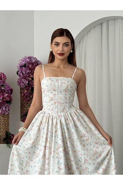 Julidress Λευκό κορσέ με πλισέ λευκό φλοράλ σχέδιο με επένδυση Midi μήκους Premium φόρεμα