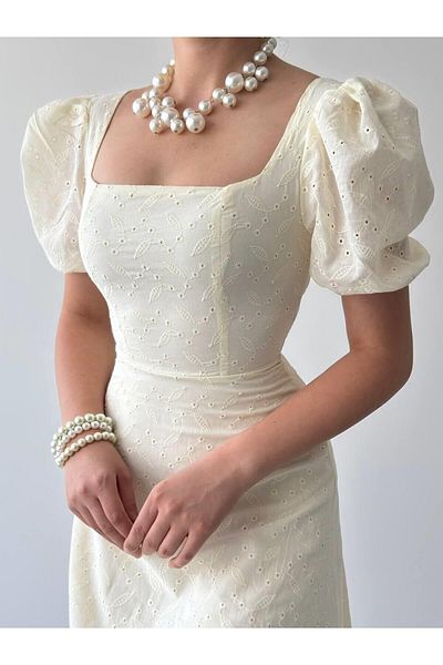 Julidress Κρεμ Κεντημένο Φόδρα Μπαλόνι Μανίκι Premium Λινό Φόρεμα