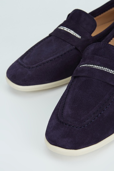 Valmenti Дамски тъмносини велурени обувки тип мокасини от естествена кожа