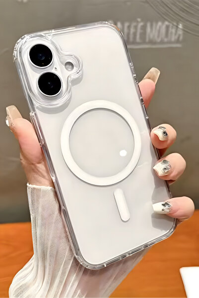 Fibaks İphone 16 Plus Uyumlu Kılıf Magsafe Wireless Kablosuz Şarj Destekli Sert Şeffaf Darbe Emici Kapak
