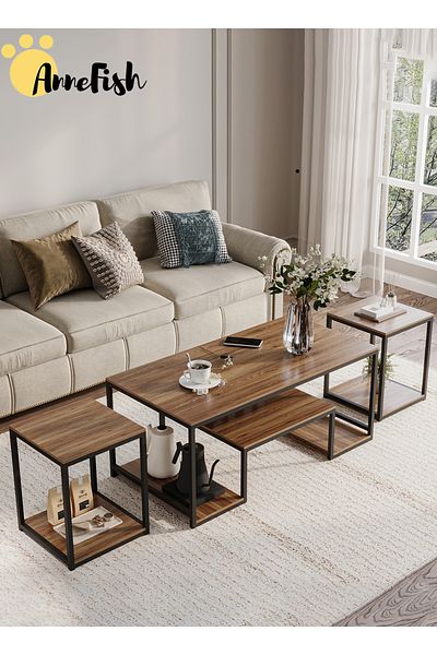 AnneFish 120*60*45cm 3pcs Coffee Table Set Side Table Double Layer Home Sofa Center Table For Living Room