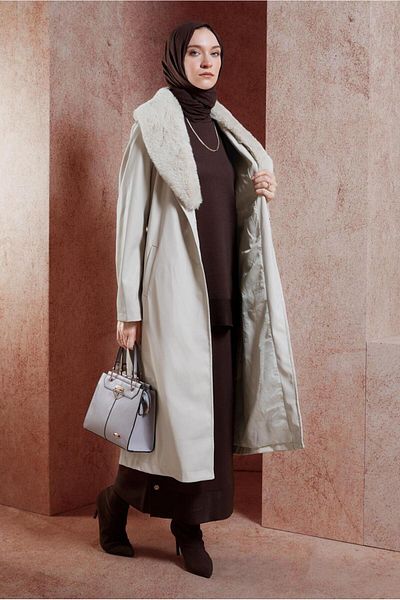 Alvina Fur Detailed Funnel Leather Trench Coat 10909
