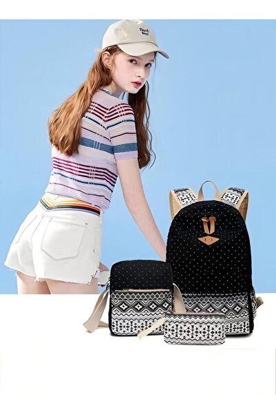 Generic Three-piece Japanese Style Girl Student School Bag Casual Canvas Backpack Mother-child Bag Lunch Bag