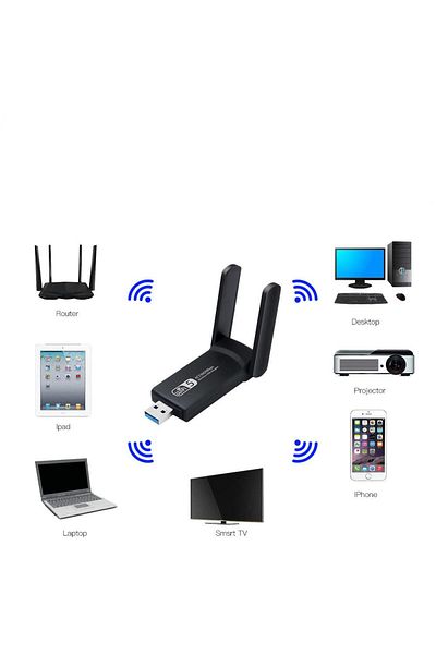 Generic محول واي فاي وبلوتوث USB 3.0، مستقبل شبكة خارجي ثنائي النطاق بسرعة 1300 ميجابت في الثانية، يغطي مسافة 200 متر