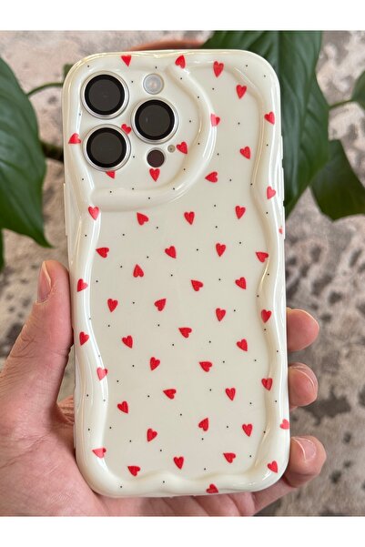 Fibaks Case for iPhone 16 Pro Silicone Cover with Camera Protection Wave Edge Red Heart Pattern