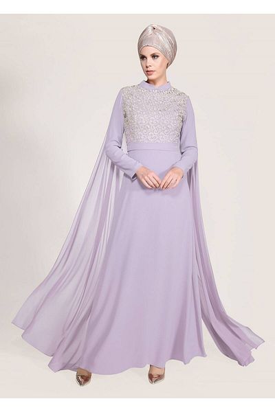 TRENDTESETTÜR Women's Purple (A.LILA) High Collar Shoulder Chiffon Detailed Evening Dress 4662