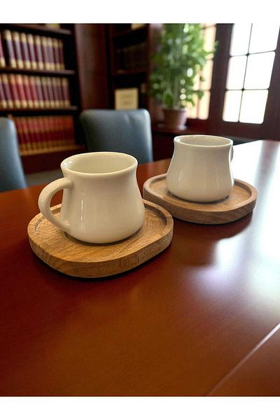 Noah Exclusive Set of 2 White Coffee Cups - Bamboo Plate